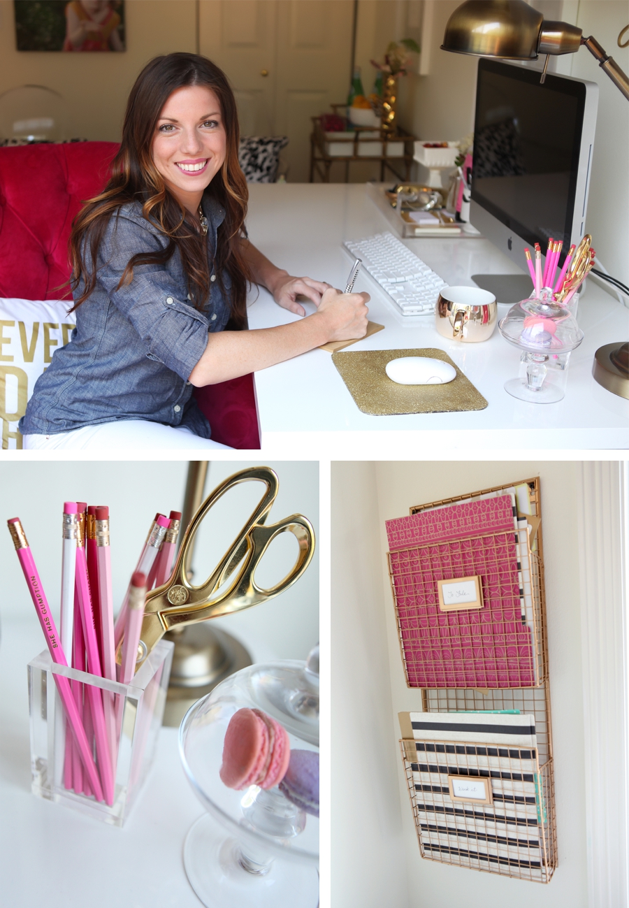 Leah Remillet's Home Office. Gold Spray paint on the Wire Magazine Rack and Glitter Mouse Pad (Both DIY)