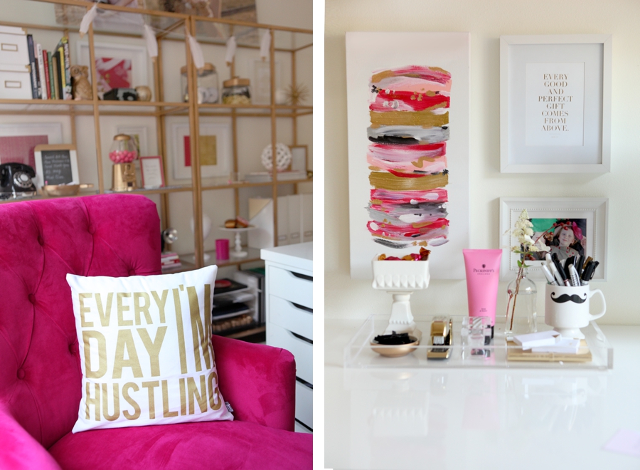 Home Office with Magenta Chair - love the Lucite Tray Styling and the 'Every Day I'm Hustling' Gold Pillow. 