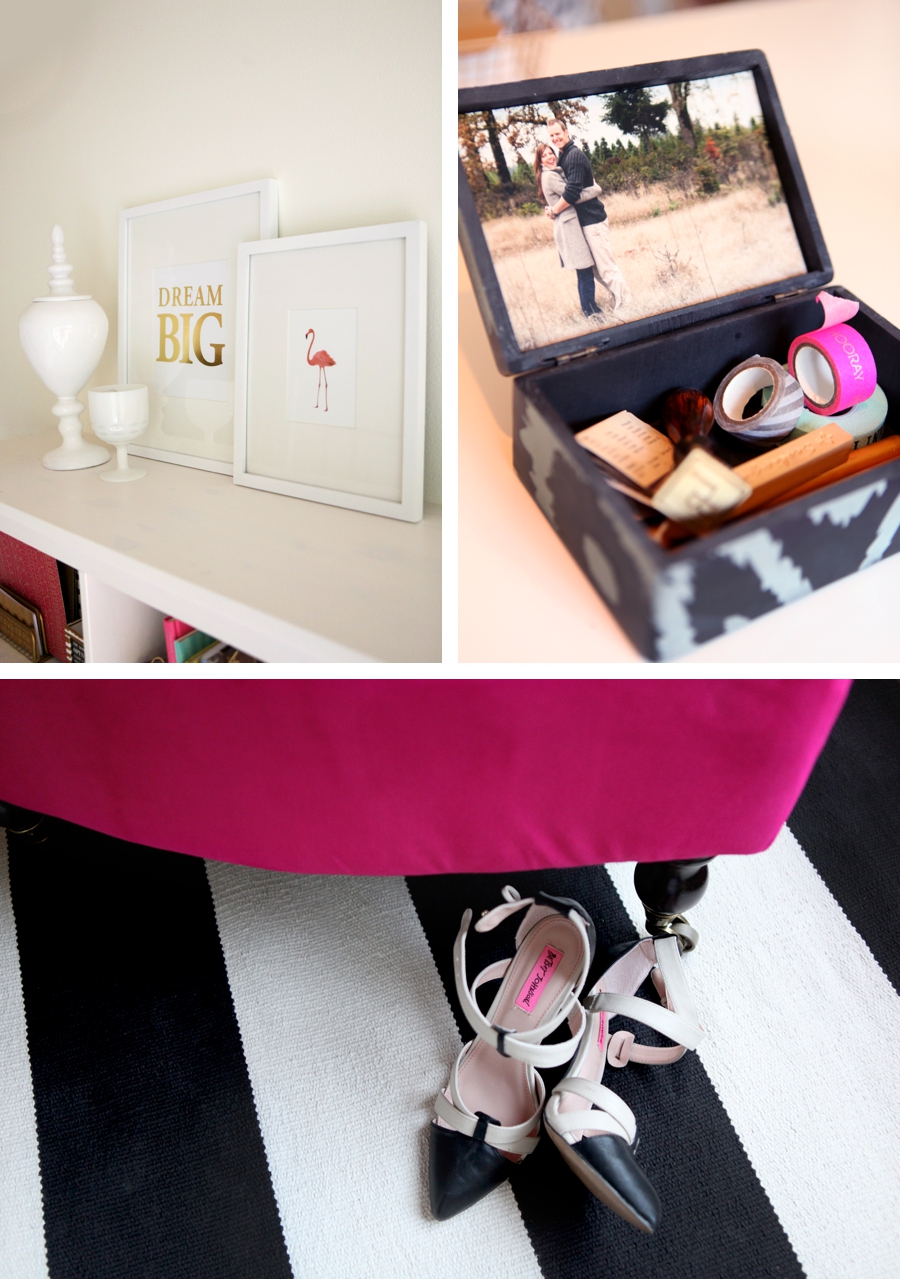 Leah Remillet's Home Office with a Big Pink Office Chair, Gold Foil Dream Big Print, Flamingo Print and lots of little touches like the Washi Tape Holder