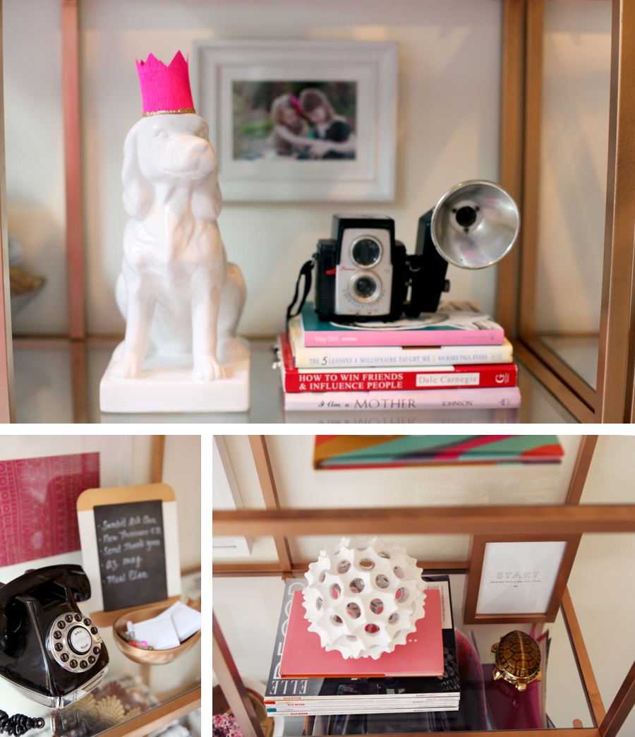 Gold, Pink and Black Office Shelf Styling for the home office