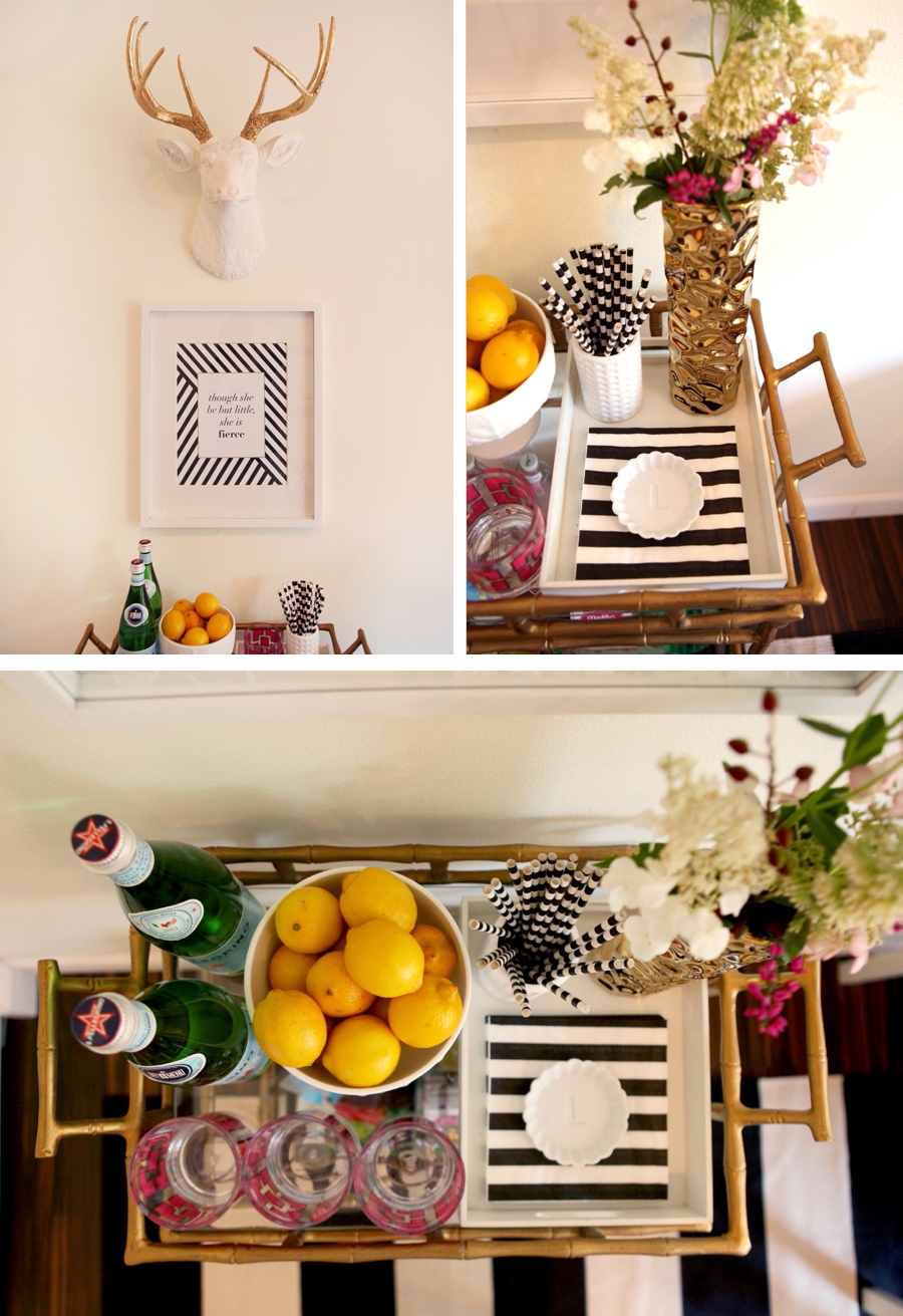 Gold Glam Bar Cart Styling - So chic! Love the faux deer and the milk glass bowl of lemons