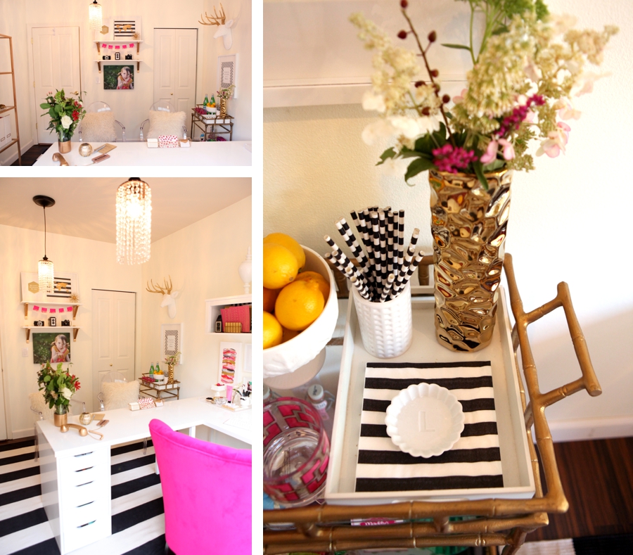 The Pink and White Office of Leah Remillet - love the L-Desk Shape