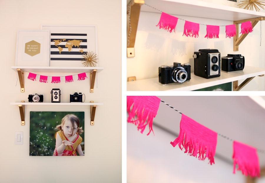 Ikea Hack - Gold and White Shelves Styled by Leah Remillet - Love the Pink Mini Banner and vintage cameras