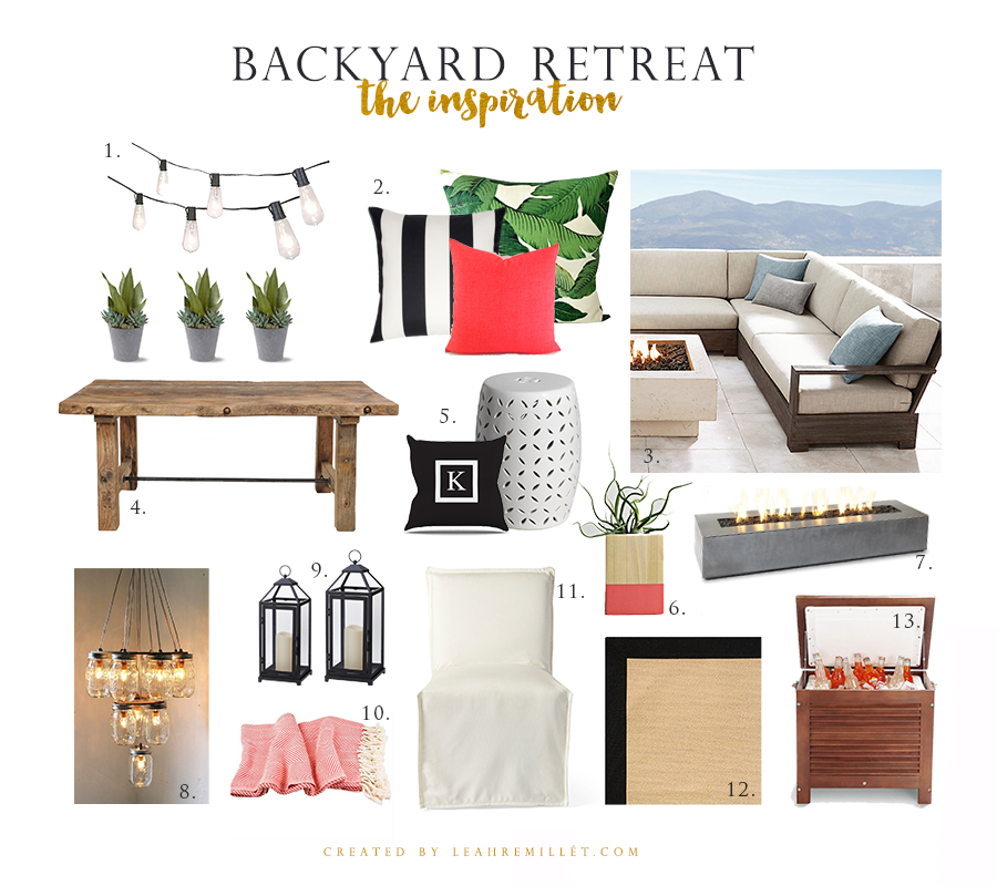 Back Yard Retreat: Inspiration Style Board featuring Tommy Bahama Banana Leaf Pillows, Black and White Striped, Gas Fire Table, Mason Jar Chandelier and a Outdoor Sectional. Lot's of greens and natural wood with a hint of Coral for fun!
